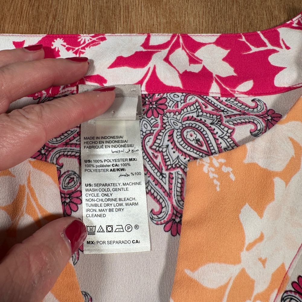 Chico's Blouse Women 2(L) Pink Orange Paisley Floral Tie Front Lightweight Sheer - Picture 7 of 9